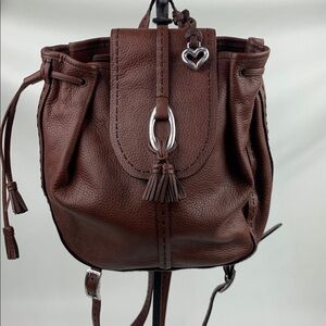 Brighton Brown Leather Backpack bucket Bag Silver Logo Detail & heart charm NEW